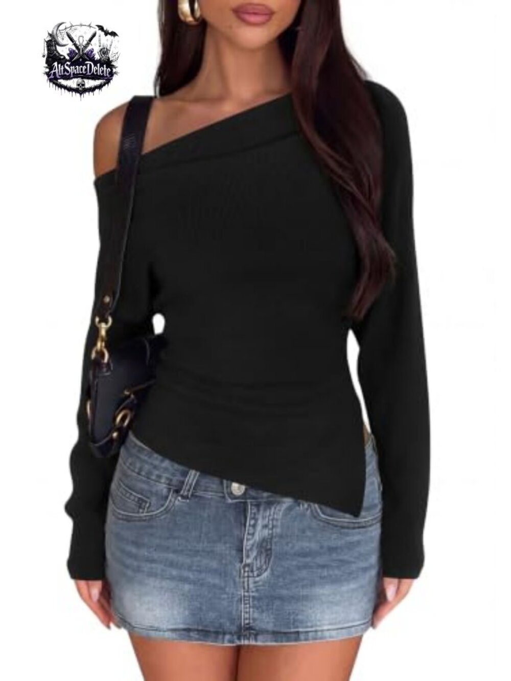 Long Sleeve Off Shoulder Knit Sweater with Asymmetrical Hem